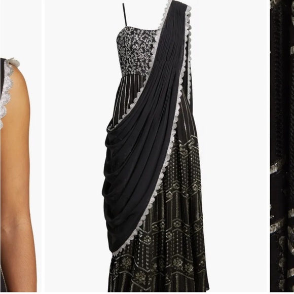 New SANI Black Drape Saree Anjali Metallic Embroidered Anarkali with Dupatta S - Picture 1 of 16